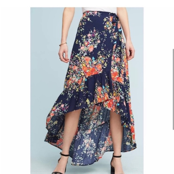 Anthropologie On The Road Floral High-Low Skirt in Navy and Red - Picture 3 of 6